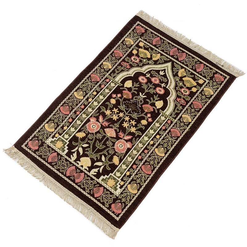 Portable Muslim Prayer Rug Thick Islamic Turkish Chenille Praying Mat Vintage Floral Leaves Pattern Woven Tassel Blanket