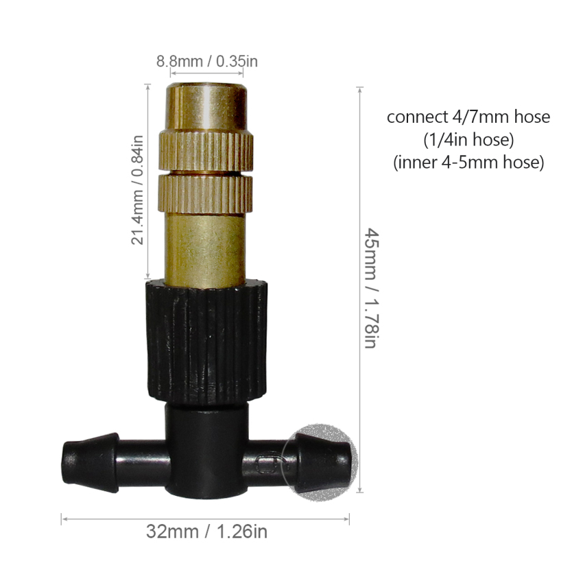 Adjustable Copper Misting Nozzle w/ 4/7mm Plastic Tee Connector Brass Watering Irrigation Sprinkler Cooling Nozzle 1pc