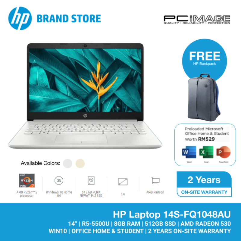 HP 14S-FQ1048AU 14 FHD LAPTOP (R5-5500U/8GB/512GB SSD/W10H/H&S/2Y W/SILVER) FREE BACKPACK Malaysia