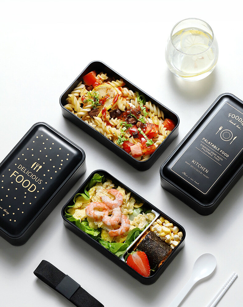 Vision Lunch box double ins bento box Nordic style black with cutlery adult student with lunch box Japanese bento box