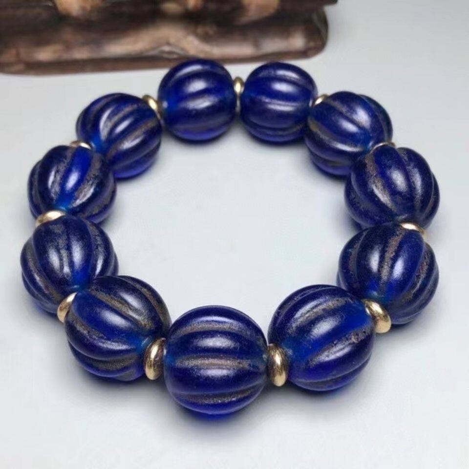 Antiques Miscellaneous Buddha Beads Hand String Colored Glass Hand String Blue Glazed Melon Beads Diameter 20mm