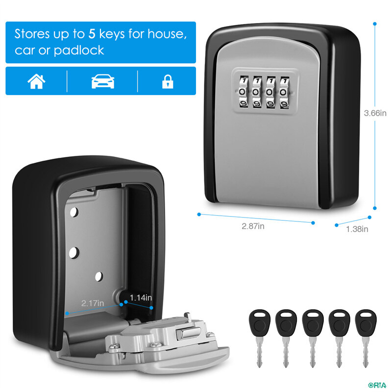 ORIA Key Lock Box, 4 Digit Combination Key Storage Lock Box, Wall Mounted Key Safe Box, 5 Keys Capacity Weatherproof for Indoor Outdoor 3.66 inch