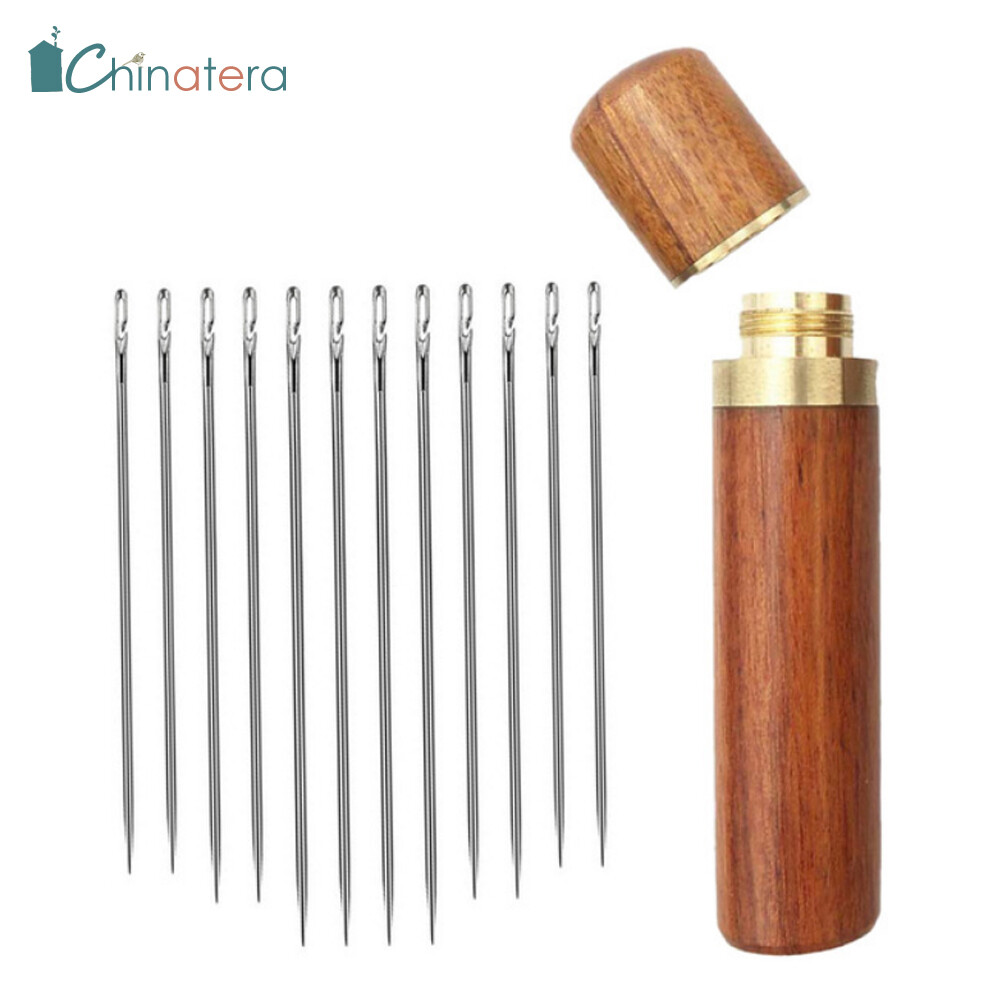 [Chinatera] 12pcs Side Hole Multi-Size Blind Needles Tail for Elderly DIY Hand Sewing Embroidery Needlework Tool with Wood Barrel