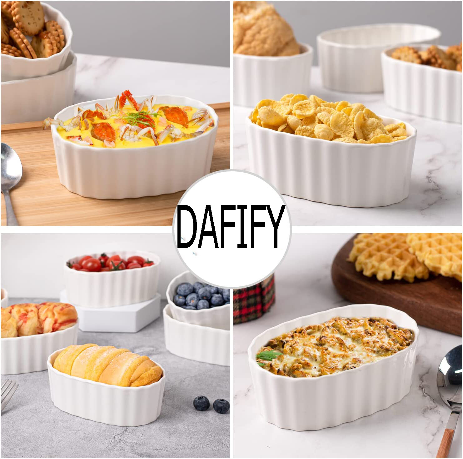 DAFIFY Porcelain Ramekins Bowls for Baking Souffle Pudding Dessert Dishes 12cm