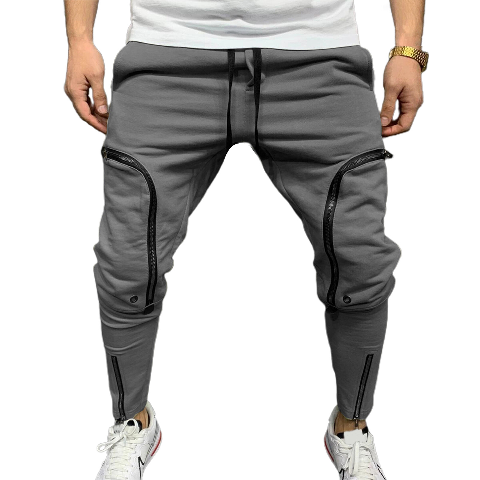 Freedun® Men Pants Solid Color Drawstring Casual Multi Zippers Pockets Trousers Streetwear