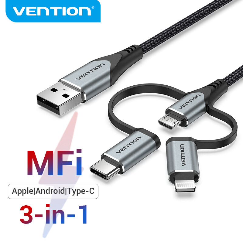Vention USB Cable USB 2.0 A to Micro B Type C Lightning Cable Male to Male 3 in 1 Aluminum alloy 4.4A Fast Charging Cord Wire 0.5m 1m 1.5m for Android phone iphone iPad Xiaomi 10Pro Samsung Notebook S10 Huawei Mate30 Nova7 tablet USB Cable Cord