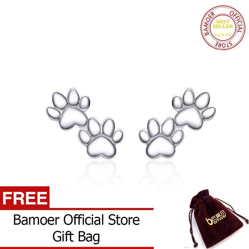 BAMOER Dog Paw Silver Stud Earrings for Women 925 Sterling Silver Cat Pet Footprint Earings Jewelry Accessories SCE718