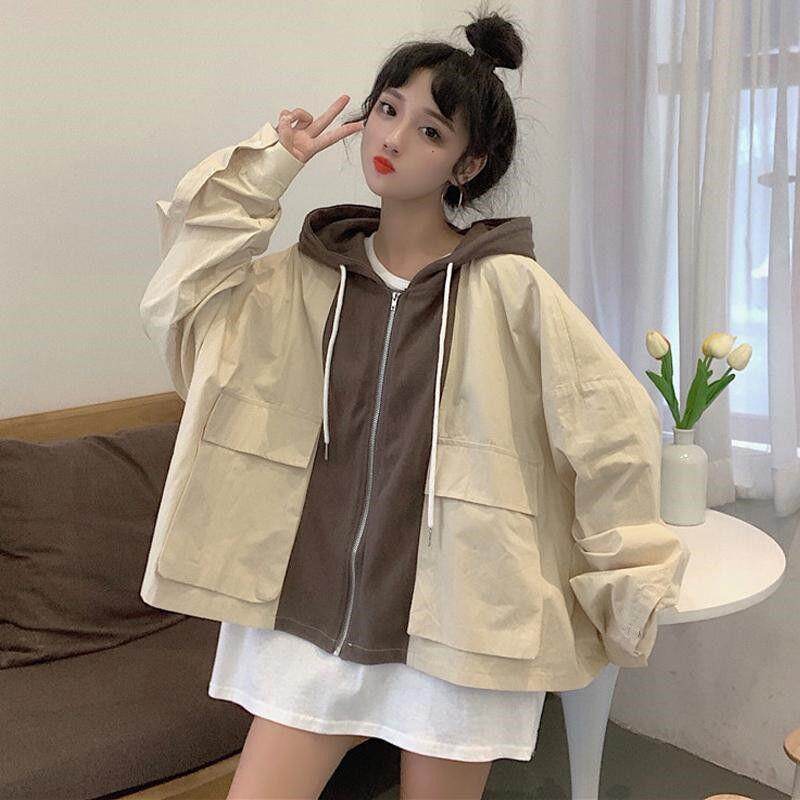 Contrast Stitching Wild Loose Baseball Uniform Hooded Overalls Jacket