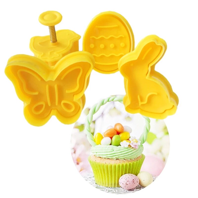 YESPERY 4Pcs/Set Easter Biscuit Cookie Cutter Egg Rabbit Chick Butterfly Plastic Plunger Fondant Pastry Set Mold Decor Baking Tools