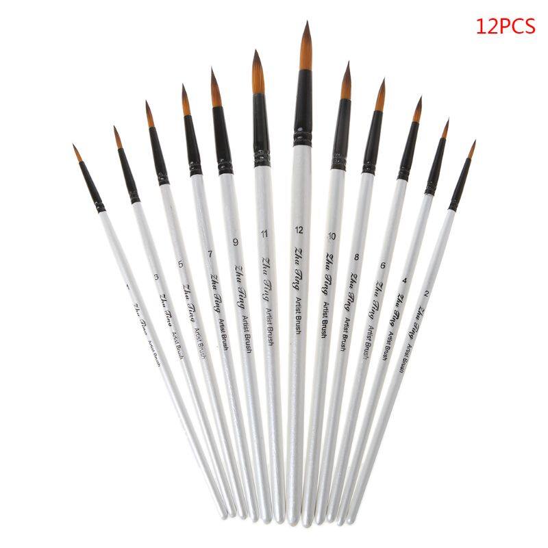 12Pcs Artist Paint Brush Set Nylon Bristles Watercolor Acrylic Oil Painting Slant Flat Round Pointed Pen Tip Wood Handle Art Accessory