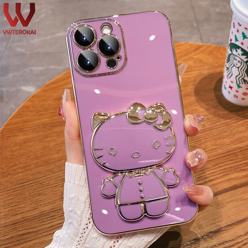 Hello Kitty 3D Cute Doll Makeup Mirror Phone Case For Apple Iphone 6/6S 6 Plus/6S Plus/ 7/8 7Plus/8Plus/X/XS XR XS Max Iphone 11 Pro Max Iphone 12 Mini 12 Pro Max 13 Pro Max 14 Pro Max 14 Plus Plated Soft TPU Bracket Back Cover