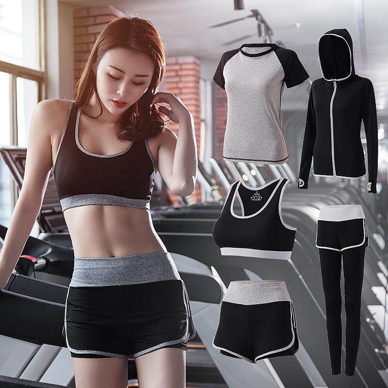 Women 5 Piece Yoga Set for Running T-Shirt Fitness Bra Sports Wear,4pcs Set Gray,S