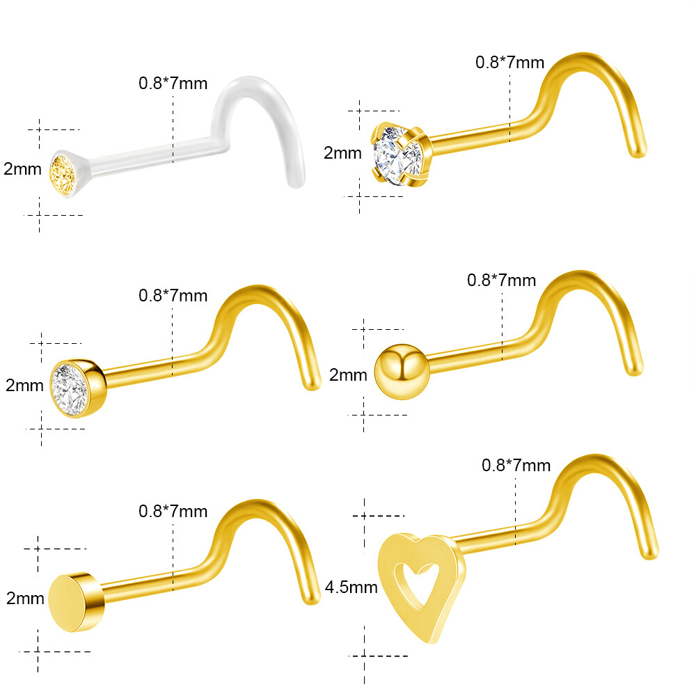 6 Pcs/lot 20G CZ Crystal Stainless Steel Nose Rings Set for Women Nose Screw Studs L-shaped Cute Heart Ball Nose Pins Nostril Piercing Body Jewelry