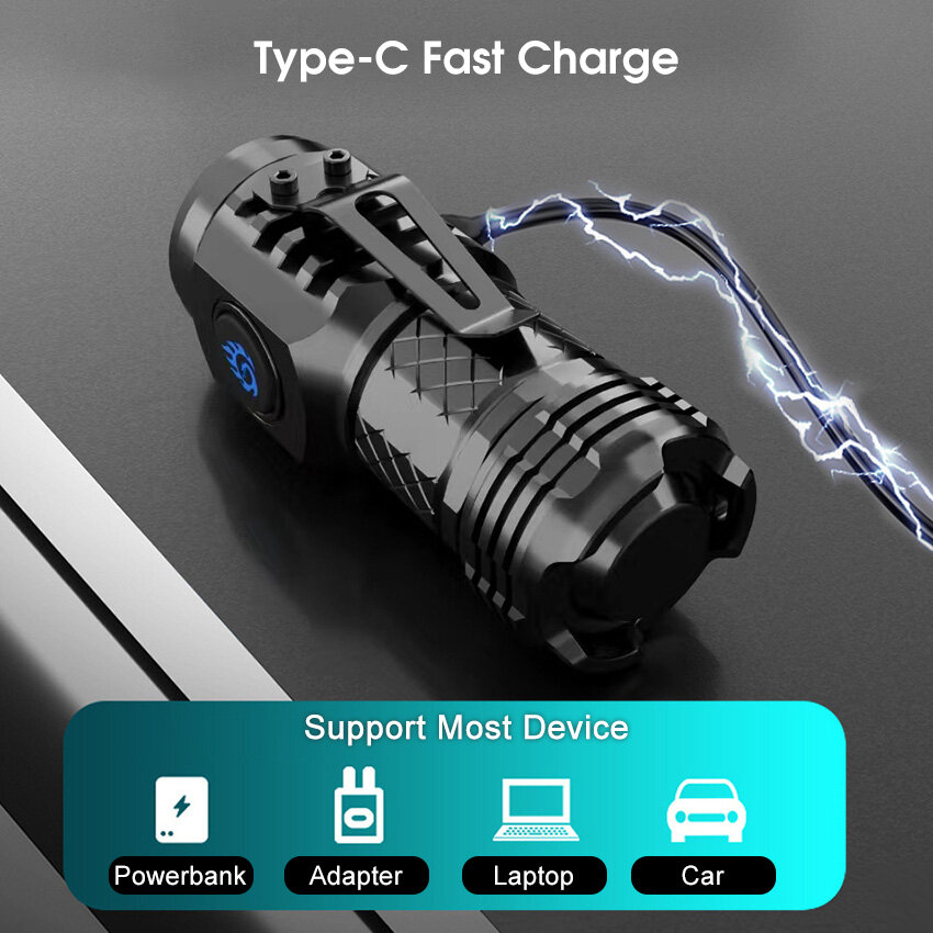 Auoyo Powerful Mini Flashlight Long Distance Keychain Super Bright  LED Torch Light Flashlight Portable Rechargeable Flashlight Outdoor Pocket Size Waterproof Flashlight USB Rechargeable for Hiking Camping with Power Indicator