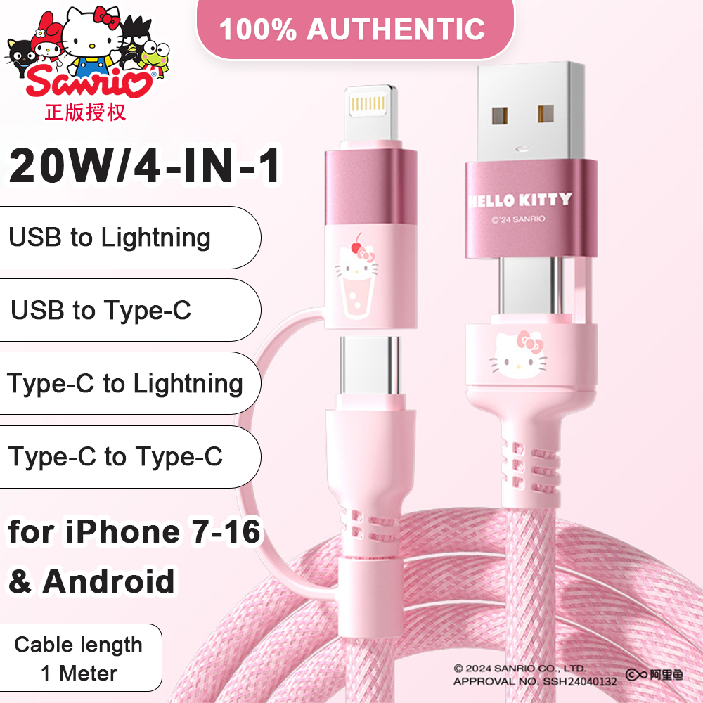 (20W/4-IN-1)100% Authentic Sanrio Hello Kitty Cable Fast Charging USB Cable Type C Lightning Cables Cinnamoroll for iPhone15 16 iOS and Android Smartphone Kuromi Pochacco SS-592