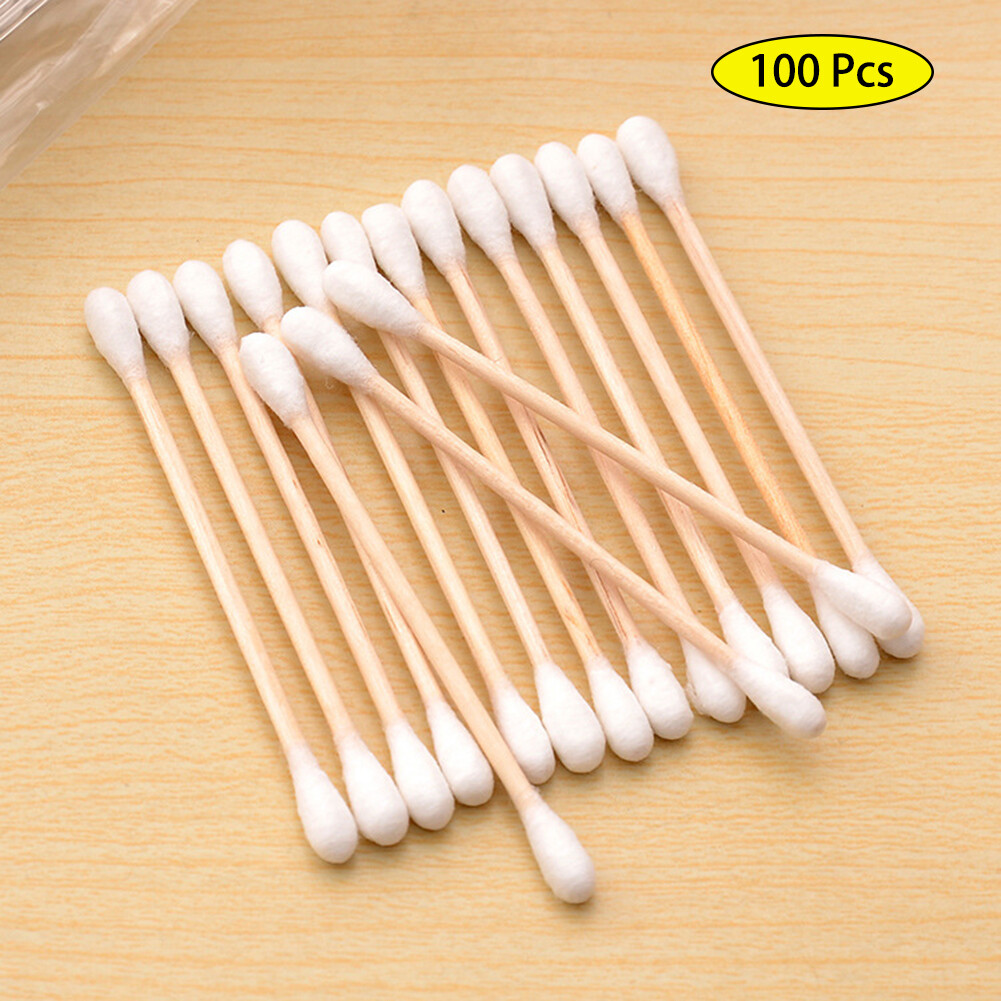 BEAUTYBIGBANG 100 sticks of sanitary napkins, wooden sticks/double-headed makeup remover sanitary cotton swabs