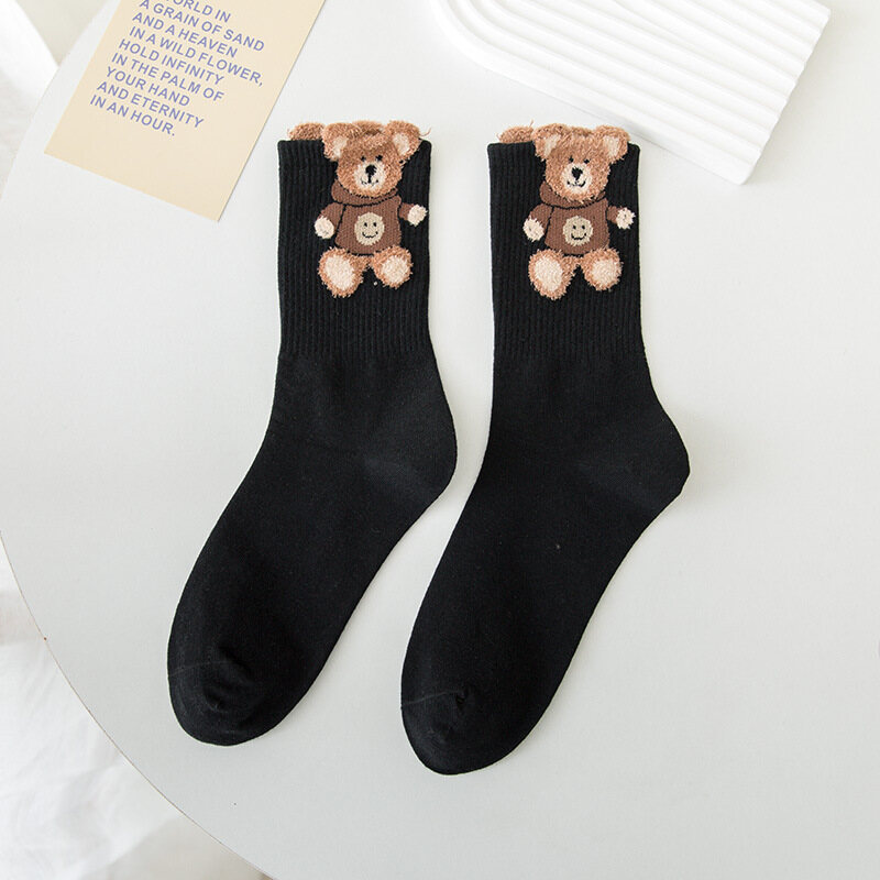 Flower Bear Embroidery Socks Cute Funny Women Socks Japanese Harajuku Solid Color Spring and Autumn Fashion Stockings for Girls