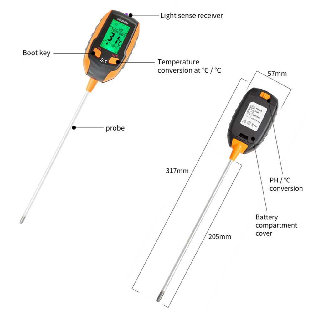 Smart Sensor 4-in-1 Soil Tester Multifunctional Soil Detector Moisture Meter pH Meter Temperature Moisture Sunlight Intensity PH Tester