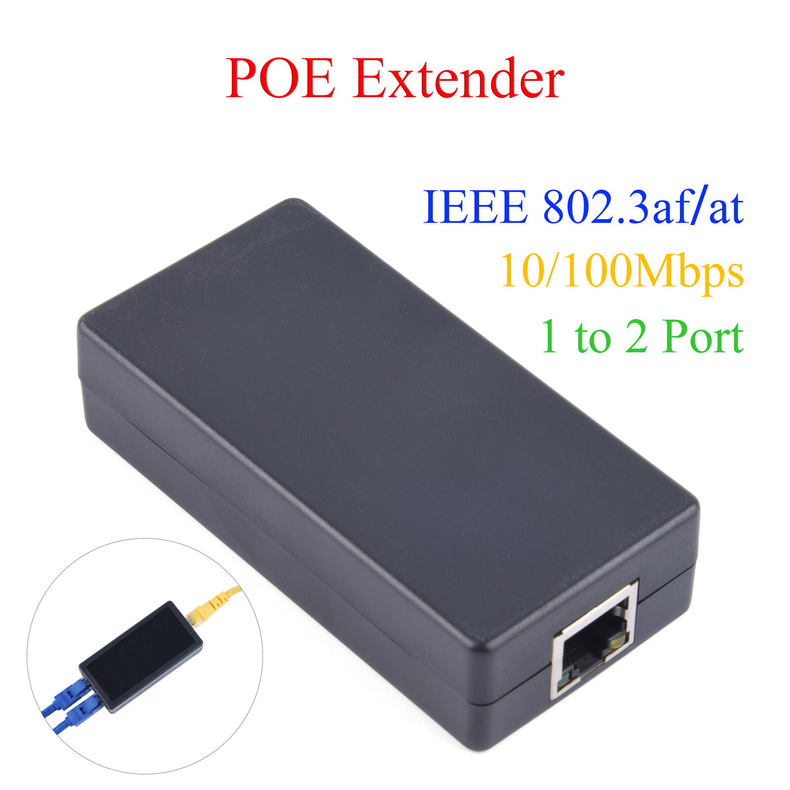 Poe extender 1 to 2 port repeater 10/100mbps with ieee 802.3af/at standard for nvr ip camera ap switch poe max extend 80m/262.47ft