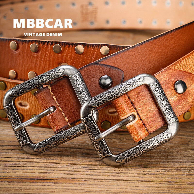MBBCAR brand tooling style 2023 new Japanese men youth rivet Japanese buckle belt American Italian first layer cowhide hand-dyed boy vegetable tanned leather belt