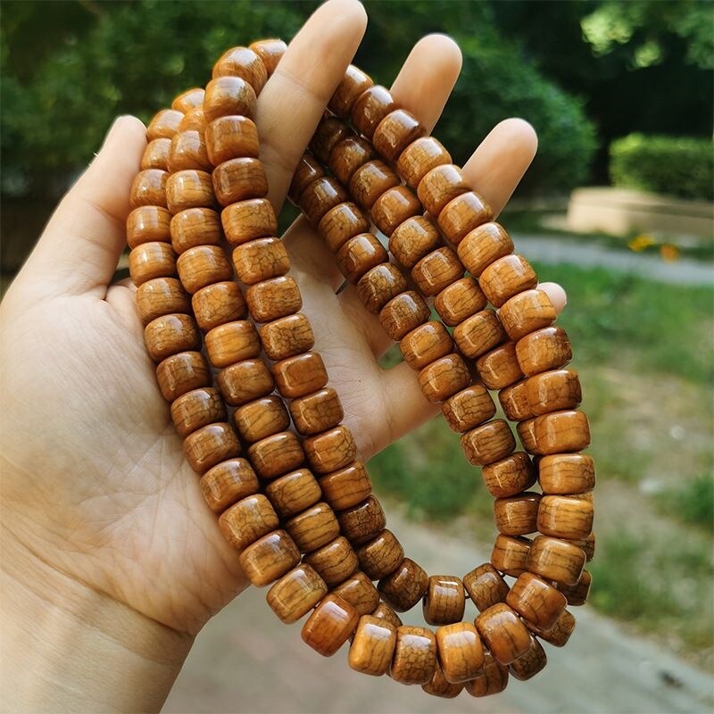 Beef bone reflux Tibetan fried pattern tiger skin pattern 108 solid Tibetan old goods neck hanging barrel beads Tibetan reflux string