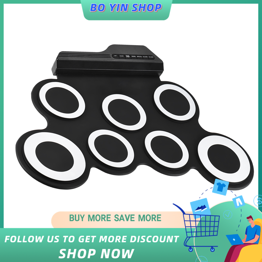 Compact Size Portable Digital Electronic Roll Up Drum Set Kit 7 Silicon Drum Pads USB Powered with Drumsticks Foot Pedals 3.5mm Audio Cable for Practice Beginners Kids