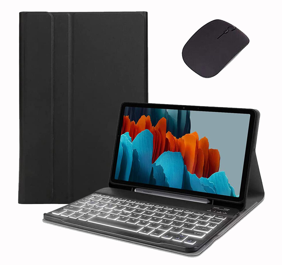 Backlit keyboard case for galaxy tab s6 lite case 2024 2020 2022 with s pen holder and bluetooth mouse, ultra-thin pu leather folio stand case with detachable wireless keyboard for samsung tab s6 lite 2024/2022/2020