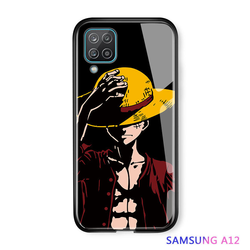 UCUC Casing For Samsung Galaxy A12 case SamsungA12 Luxury Soft Edge Anime Casing For Boys Luffy Glossy Casing Tempered Glass Shockproof Back Case Cover
