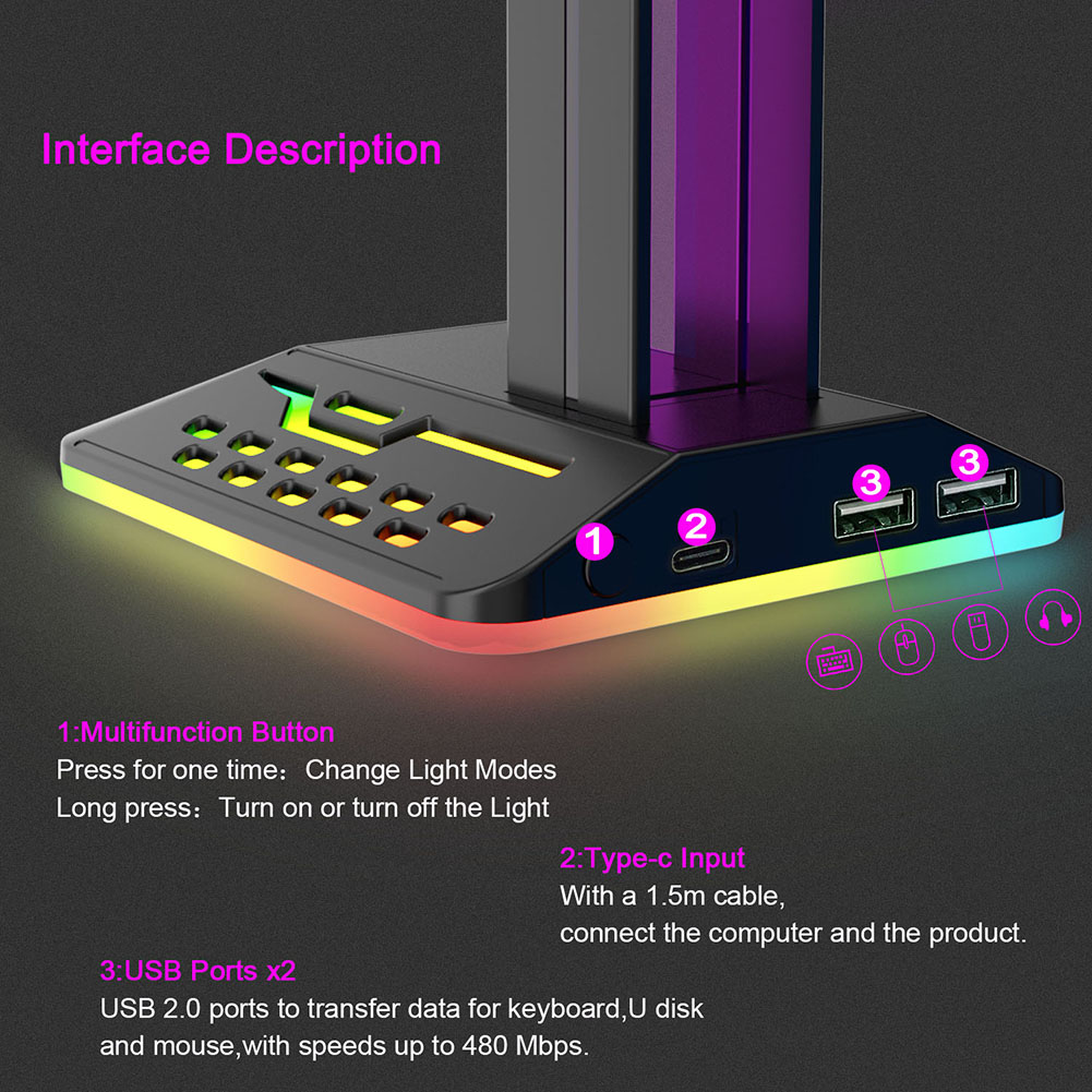 {Tenda} RGB Headphone Holder Rack Gamer Headset Display Stand Laptop PC Gaming Accessory