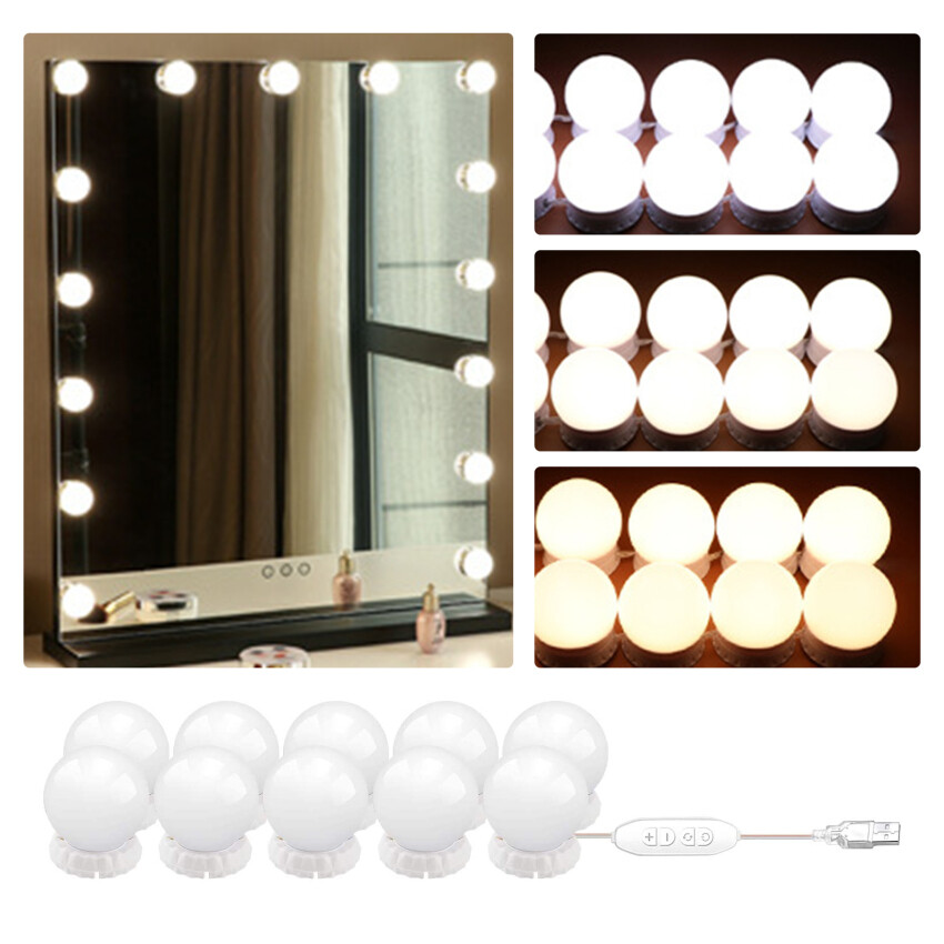 3 colors 10 led mirror light, hollywood style mirror lamps for mirrors, 10 dimmable make-up light, 6500 k make up light, usb cable make-up lamp for dressing table lighting