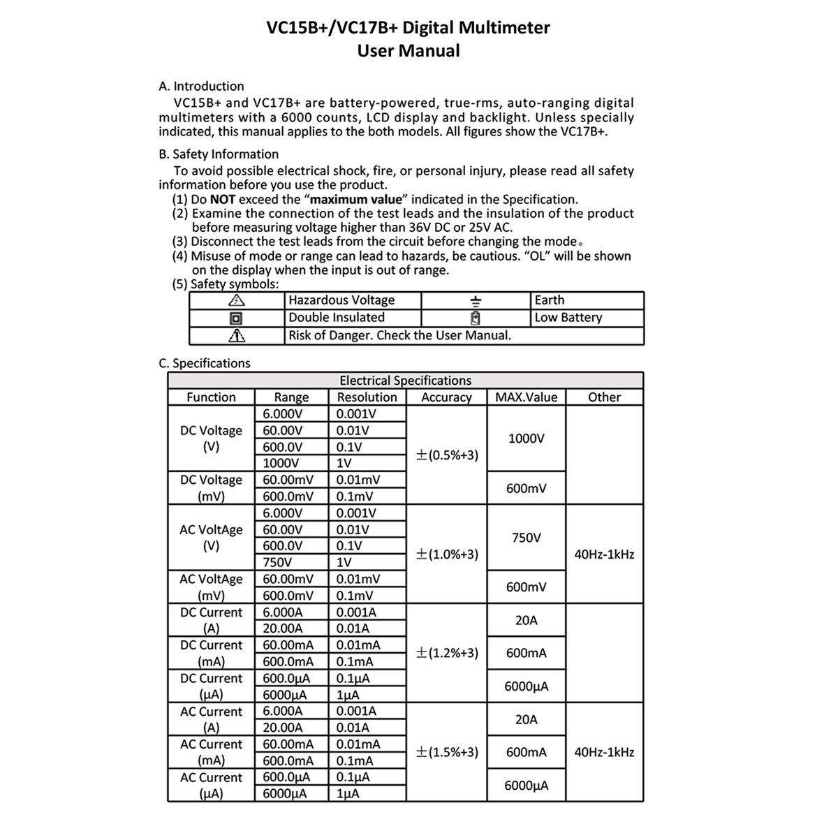 ZOTEK VC17B Digital Multimeter 6000 Counts Backlight AC DC Ammeter Voltmeter Ohm Capacitance Meter Portable Multimeter