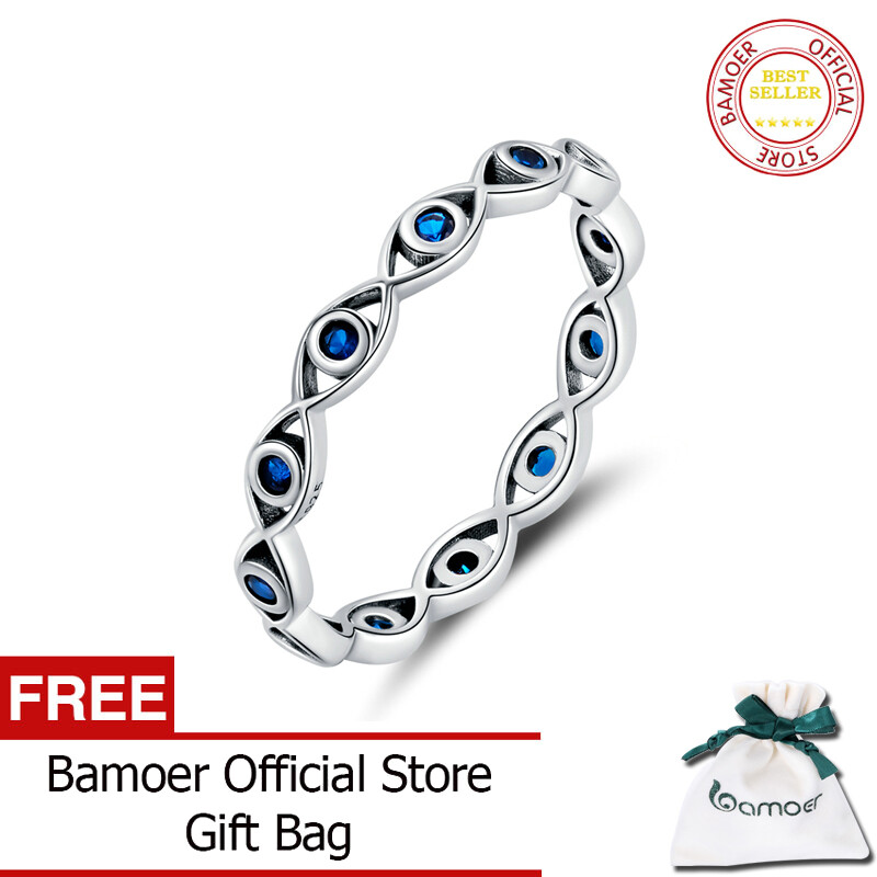 BAMOER 925 Sterling Silver Eye Ring For Women Blue Crystal Fashion Jewelry BSR212