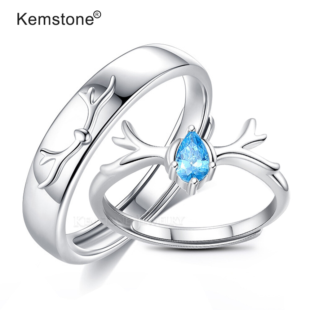 Kemstone Deer Blue Crystal Silver Plated Couple Adjustable Rings Women Male Jewelry Gift