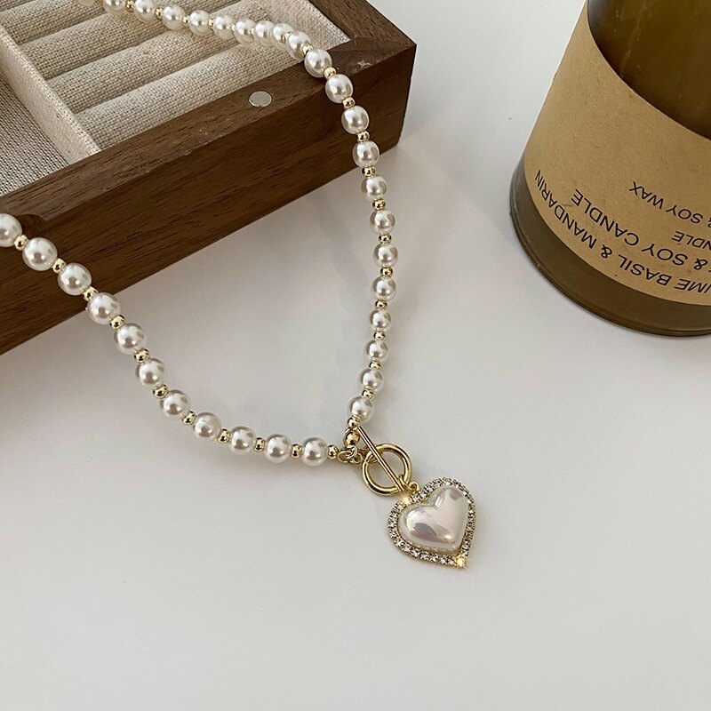 DREJEW Diamond-studded mermaid pearl love necklace pendant French niche temperament necklace collarbone chain all-match retro necklace
