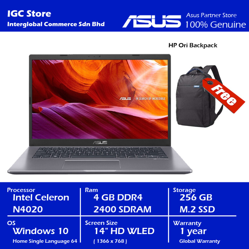 ASUS Vivobbok A409M-ABV302T GREY NOTEBOOK (N4020, 4GB, 256GB, UHD600, WIN10 , 2YR) Malaysia