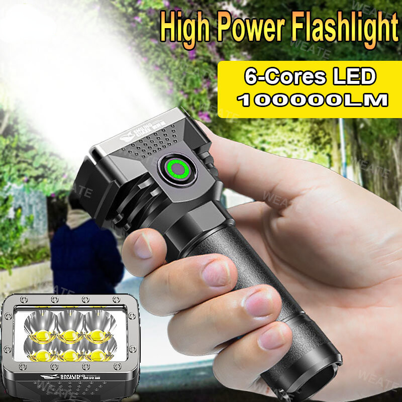 6 đèn pin led có thể sạc lại 200000lm ban đầu dẫn có thể sạc lại đèn pin công suất cao không thấm nước tầm xa đèn pin mini đèn pin cắm trại ngoài trời đi bộ đường dài du lịch đèn pin siêu đèn flash sáng ánh sáng đèn led đèn khẩn cấp