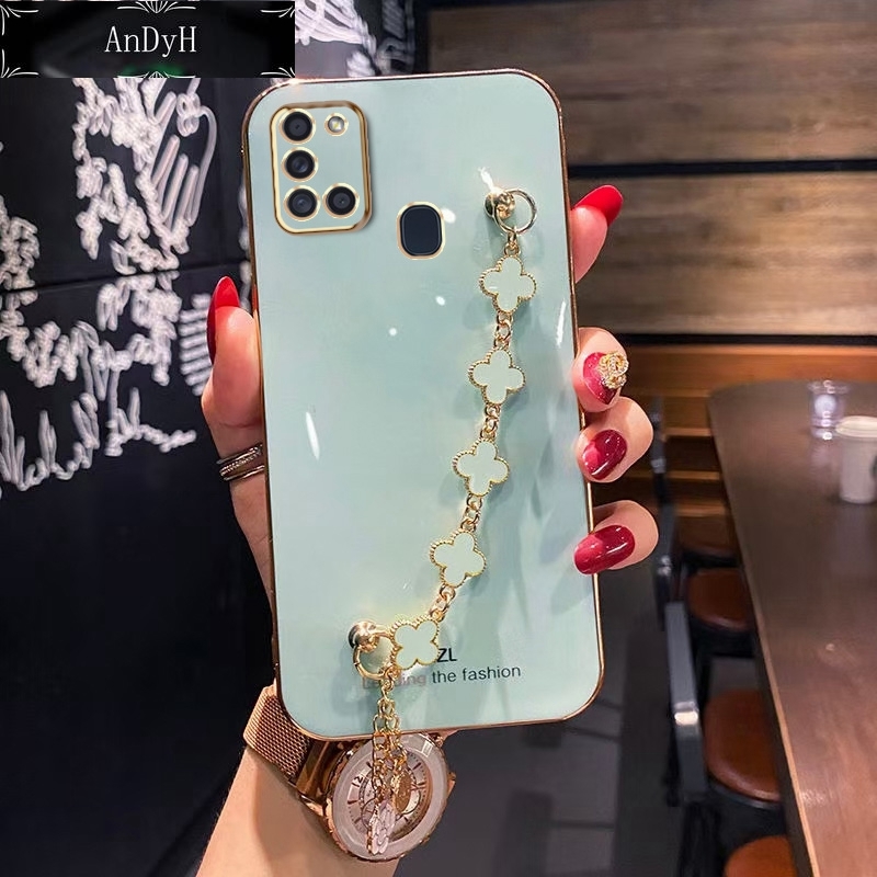 AnDyH Ốp Điện Thoại Mạ Cạnh Thẳng Cho Samsung Galaxy A21S Ốp Bảo Vệ Máy Ảnh Chính Xác Ốp Phong Cách Cô Gái Dễ Thương Với Vòng Tay Cỏ Bốn Lá