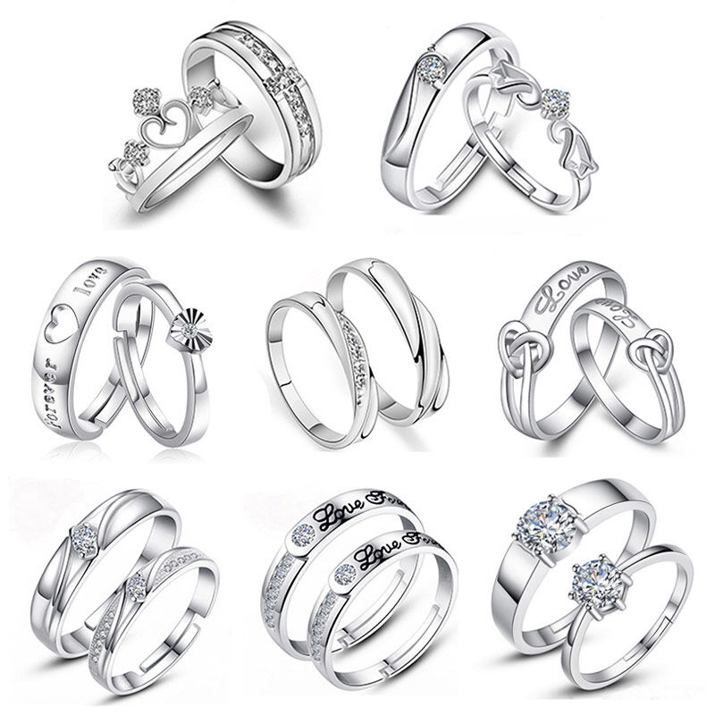 1 Pair Adjustable 925 Silver Plated Heart Lovers Couple Promise Rings Set Zircon Crystal Diamond Wedding Ring Jewelry
