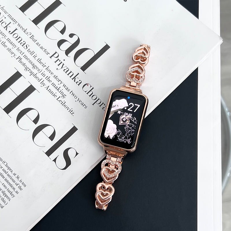 Suitable for huawei band 9 8 7 6 / redmi smart band 2 / xiaomi mi band 7 pro watch strap double love metal watch band for huawei band9 strap