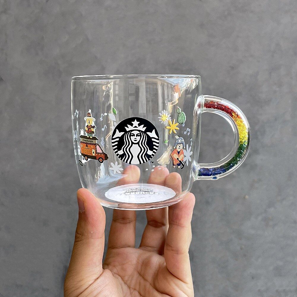 Starbuck Singing and Dancing Cold Change Bear Type Glass Cold Change Glass Colored Diamond Handle Milk Coffee Cup Water Cup