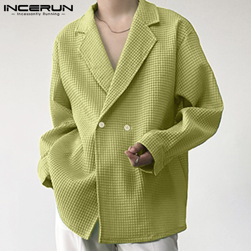 INCERUN Mens Korean Style Long Seeve Lapel Neck Checked Blazer Coats Double Breasted Jackets Outwear