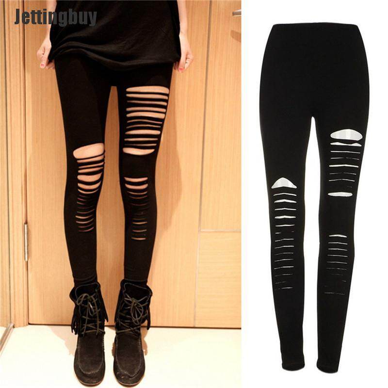 Black Punk Ripped Torn Slashed Cut Striped Leggings Pants Gothic Club