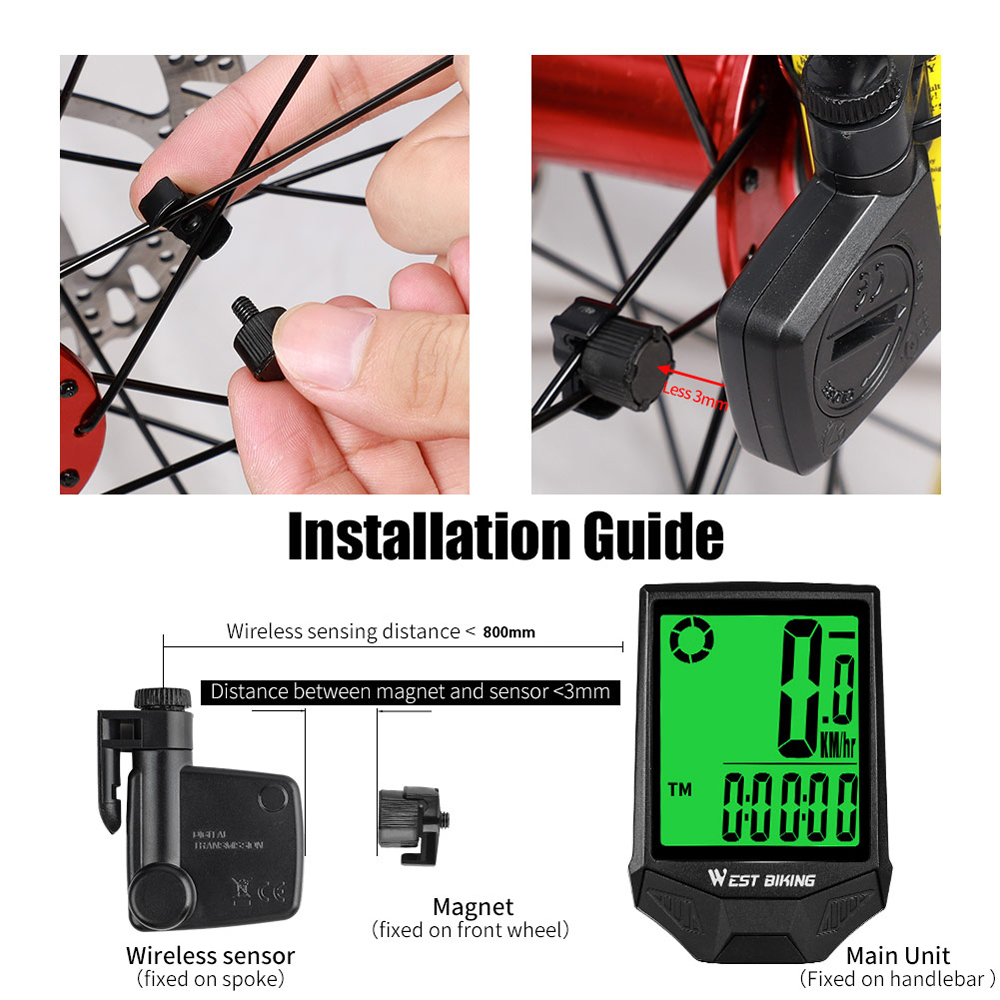 WEST BIKING Bike Computer Wire less Speedometer Odometer Waterproof LCD Backlight Cycling MTB Bicycle Computer Stopwatch Night Light Anti-interference
