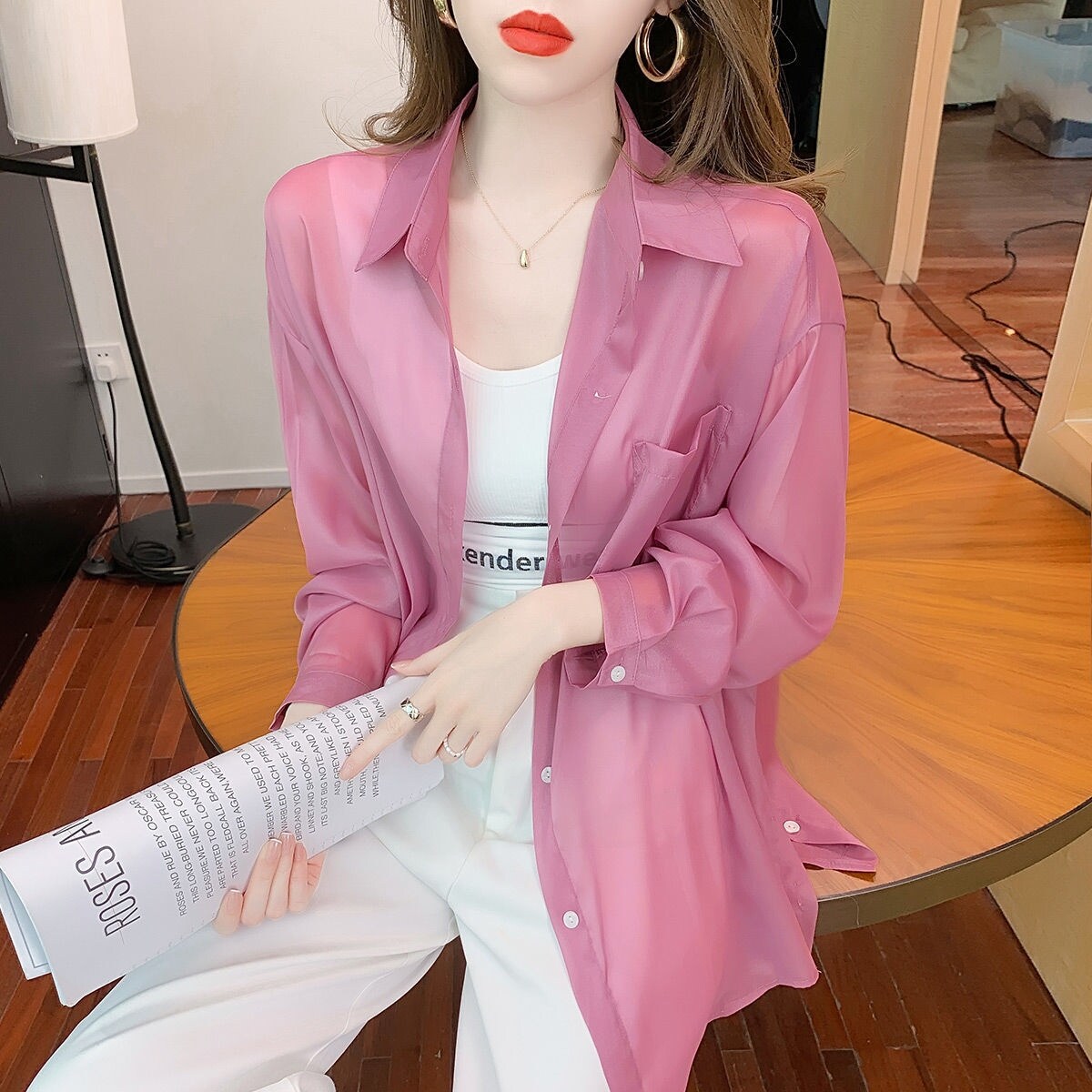 The summer with a thin shirt in the spring and autumn in 2021 the new tide long-sleeved jacket bask ice silk chiffon shirt jacket