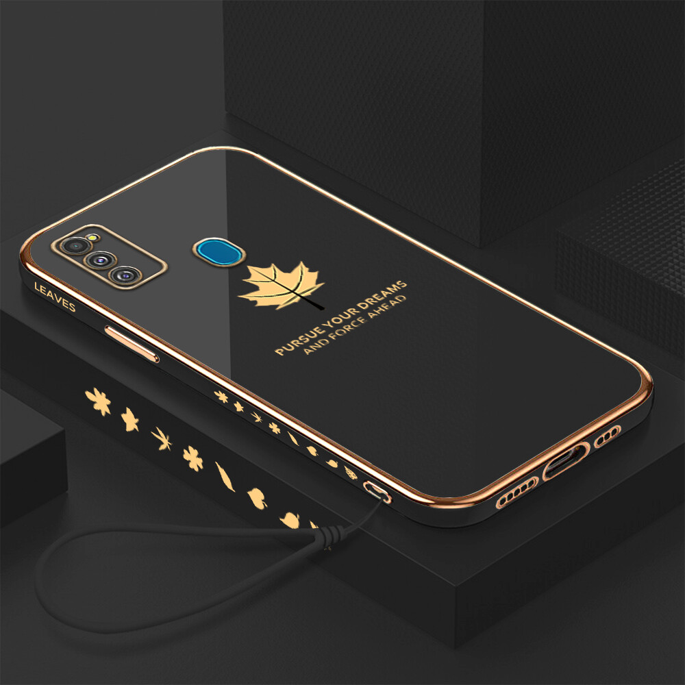 For Samsung Galaxy M30s M21 Case with Lanyard Luxury 6D Plating Maple Leaf Phone Cases Soft Silicone Square Frame Full Lens Protection Back Cover