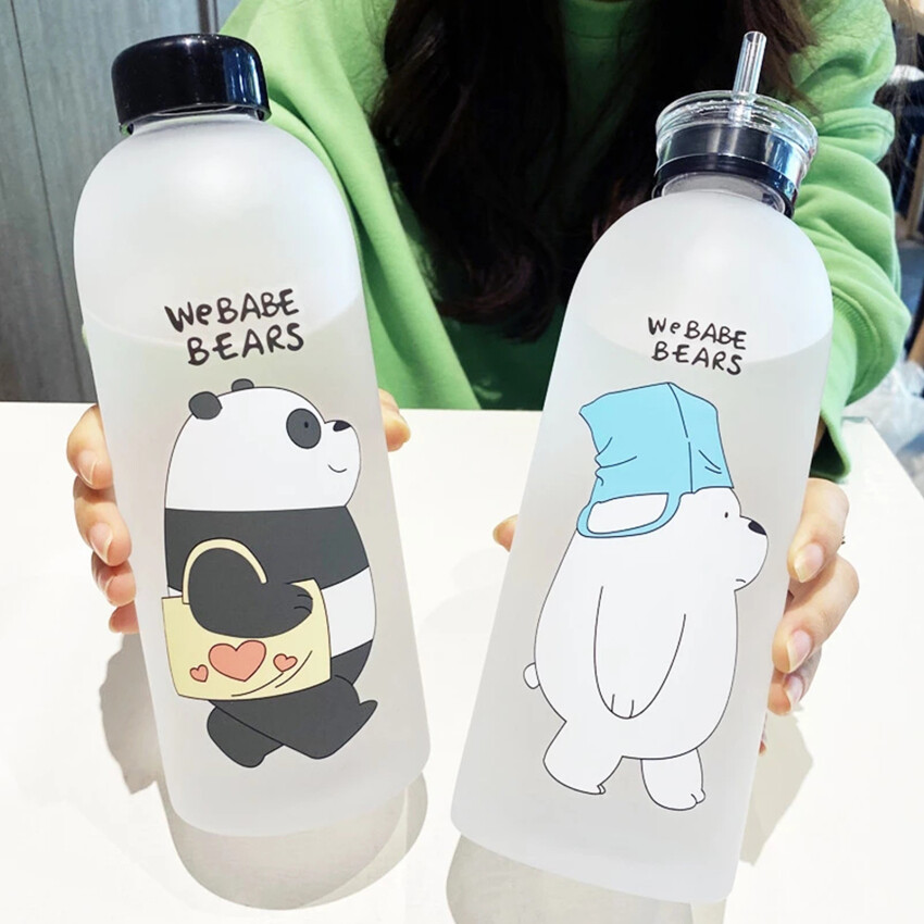 Cute Panda Water Cup 1000ml Water Bottle With Straw Transparent Cartoon Water Bottle Drink Cup Frosted Leak-Proof Protein Shaker Cup