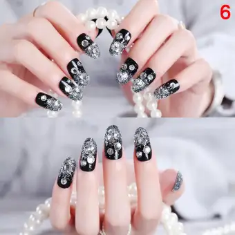 24pcs Ladies Fake Nails Transparent Floral Beads Decor Diy Photo