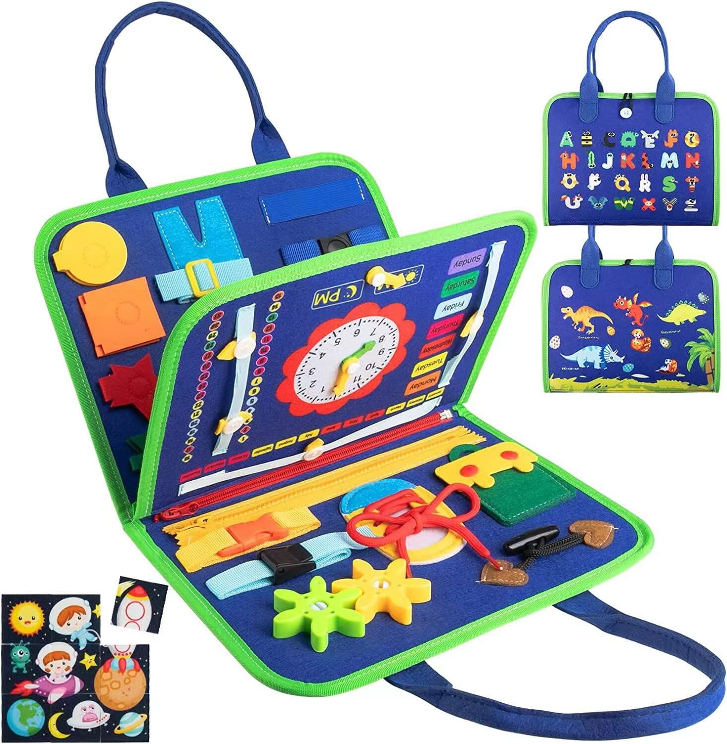 Busy Board Montessori Toys for 1 2 3 4 Year olds - Sensory Activity Board - Educational toys for children to learn basic skills - Travel toys for boys and girls