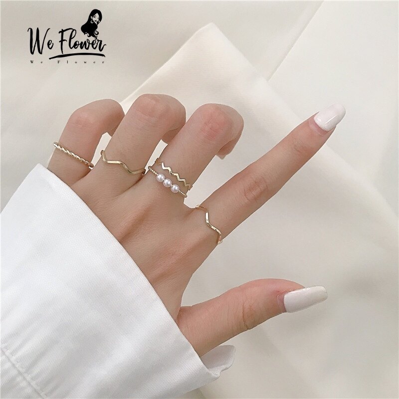 We Flower 5PCs Korean Fashion Pearl Beads Ring Set for Women Dinner Party Finger Jewelry