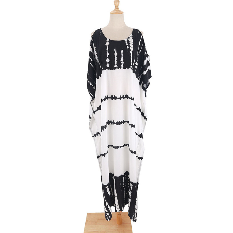 Off Shoulder Retro Stripe Bikini Cover Up Plus Size Pareo Beach Tunic Kaftan Maxi Dress Beachwear